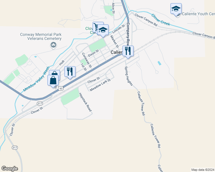 map of restaurants, bars, coffee shops, grocery stores, and more near 100 Hillcrest Street in Caliente