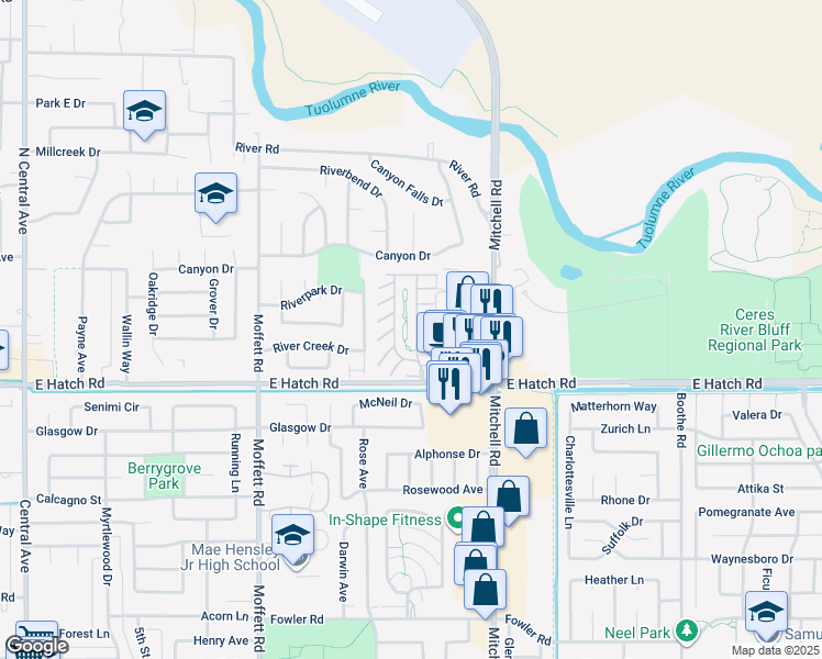 map of restaurants, bars, coffee shops, grocery stores, and more near 70 East Voyagers Cove Circle in Modesto