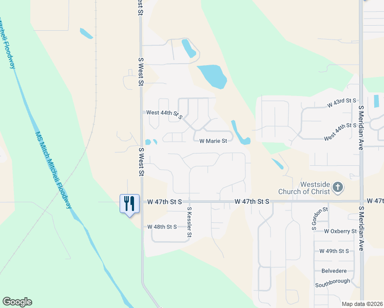 map of restaurants, bars, coffee shops, grocery stores, and more near 3401-3699 West 45th Street South in Wichita