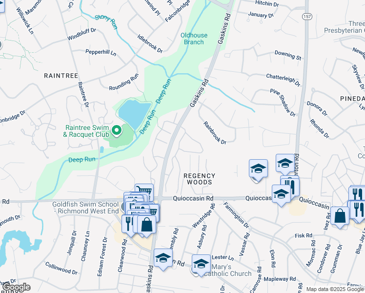 map of restaurants, bars, coffee shops, grocery stores, and more near 5 Chase Gayton Drive in Henrico