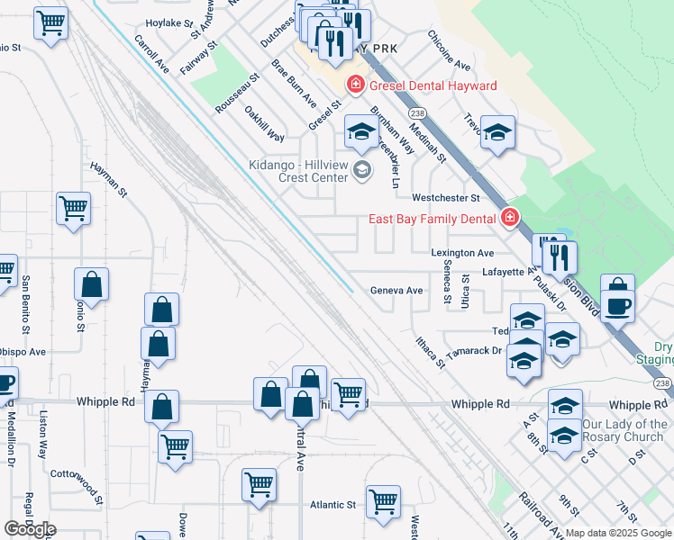 map of restaurants, bars, coffee shops, grocery stores, and more near 31959 Carroll Avenue in Hayward