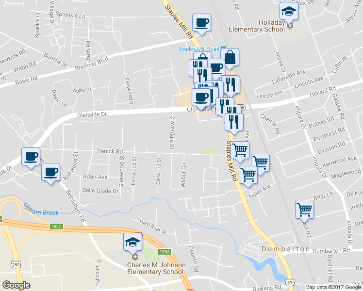 map of restaurants, bars, coffee shops, grocery stores, and more near 6804 Bellaire Street in Richmond