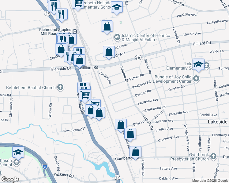 map of restaurants, bars, coffee shops, grocery stores, and more near 3016 Pinehurst Road in Richmond