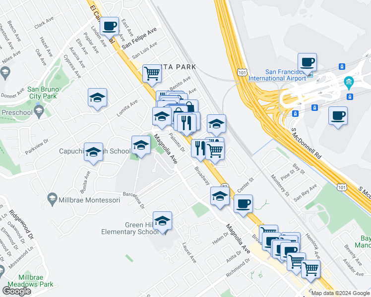 map of restaurants, bars, coffee shops, grocery stores, and more near 943 Palmito Drive in Millbrae