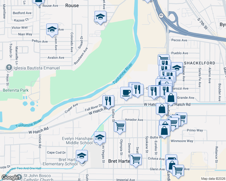 map of restaurants, bars, coffee shops, grocery stores, and more near 624 Crater Avenue in Modesto