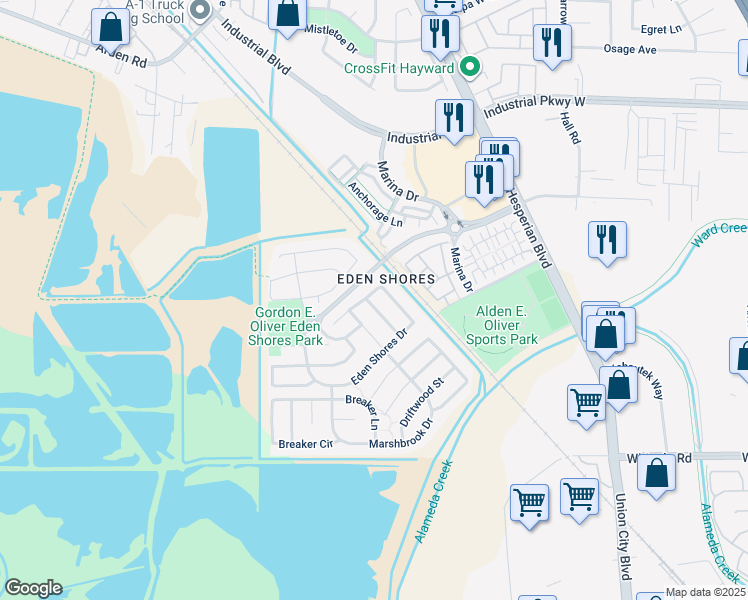 map of restaurants, bars, coffee shops, grocery stores, and more near in Hayward