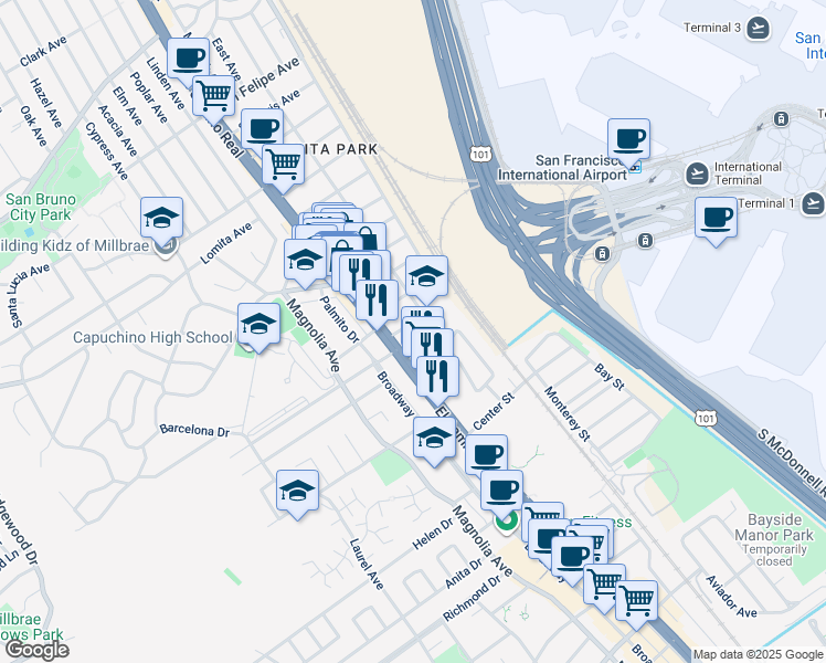 map of restaurants, bars, coffee shops, grocery stores, and more near 117 San Juan Avenue in San Bruno