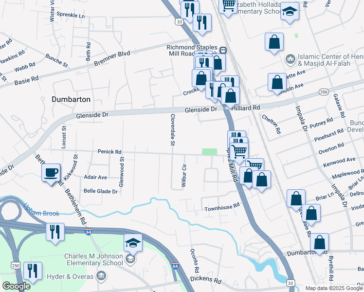 map of restaurants, bars, coffee shops, grocery stores, and more near 6804 Bellaire Street in Richmond
