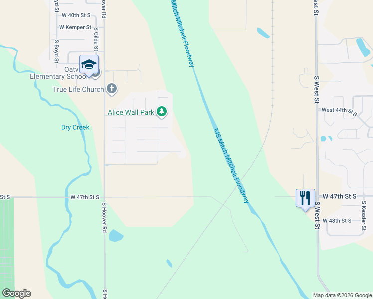 map of restaurants, bars, coffee shops, grocery stores, and more near 4526 South Doris Court in Wichita