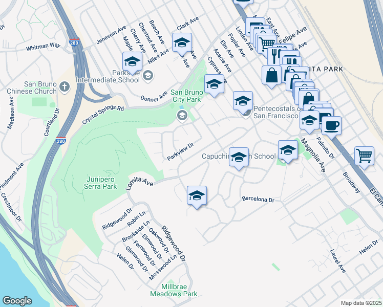 map of restaurants, bars, coffee shops, grocery stores, and more near 552 Bayview Avenue in Millbrae