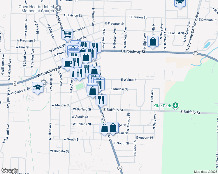 map of restaurants, bars, coffee shops, grocery stores, and more near 431 South Boston Avenue in Bolivar