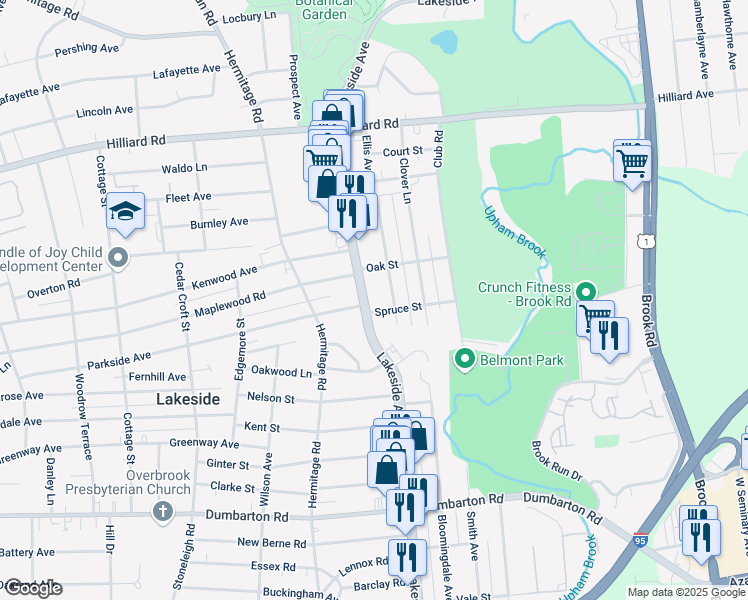 map of restaurants, bars, coffee shops, grocery stores, and more near 5825 Lakeside Avenue in Richmond