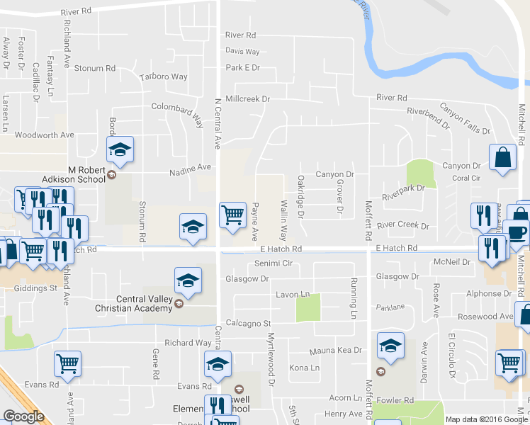 map of restaurants, bars, coffee shops, grocery stores, and more near 1308 Payne Ave in Modesto