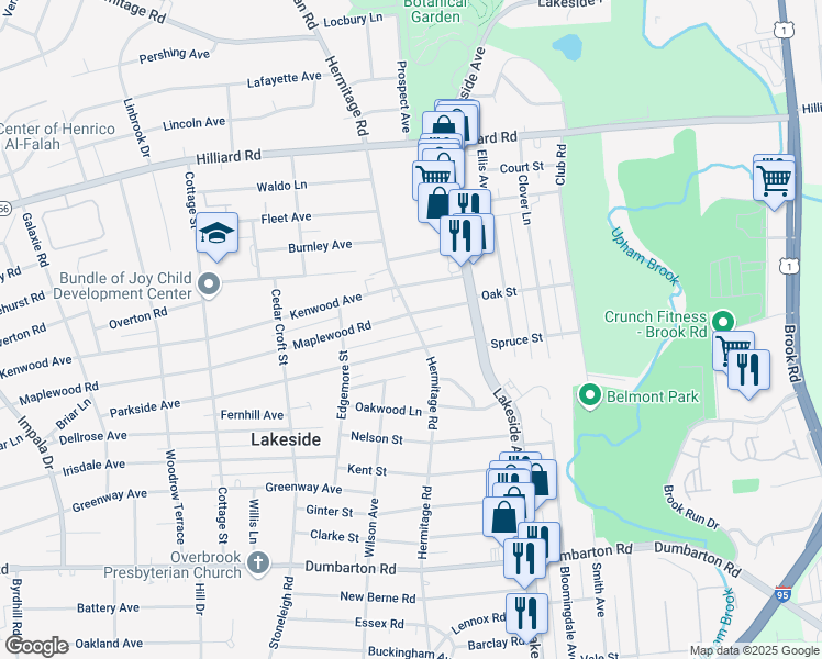 map of restaurants, bars, coffee shops, grocery stores, and more near 5906 Hermitage Road in Richmond