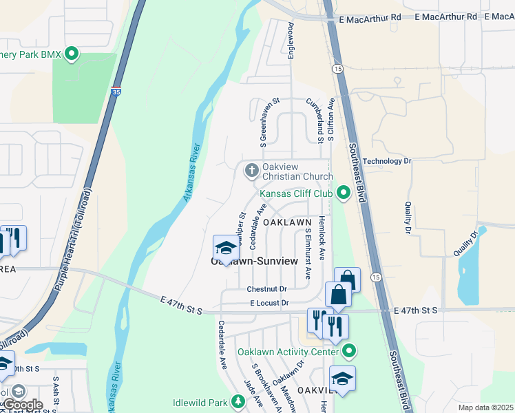 map of restaurants, bars, coffee shops, grocery stores, and more near 4511 Cedardale Avenue in Wichita