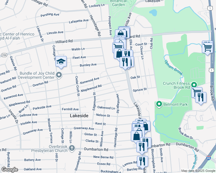 map of restaurants, bars, coffee shops, grocery stores, and more near 2307 Maplewood Road in Richmond