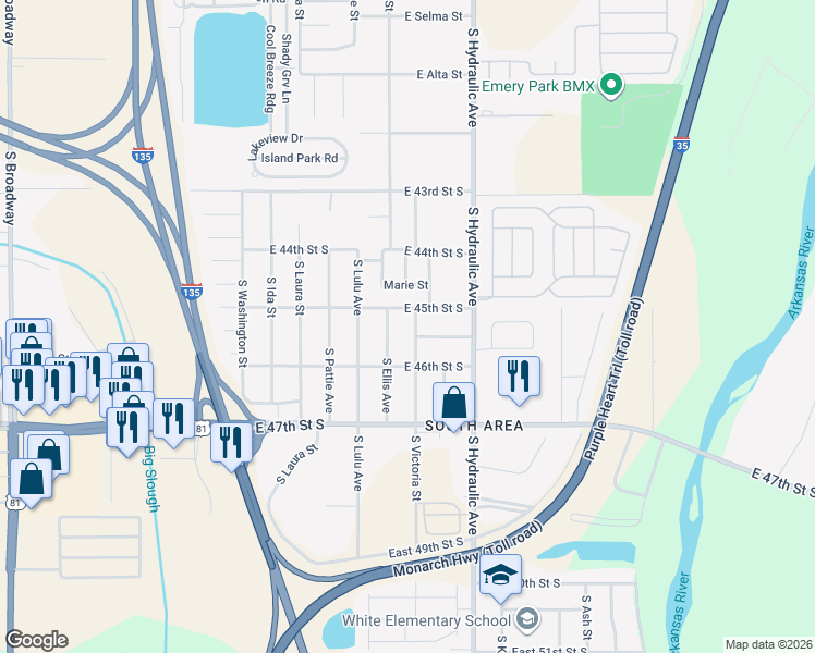 map of restaurants, bars, coffee shops, grocery stores, and more near 4619 South Victoria Avenue in Wichita
