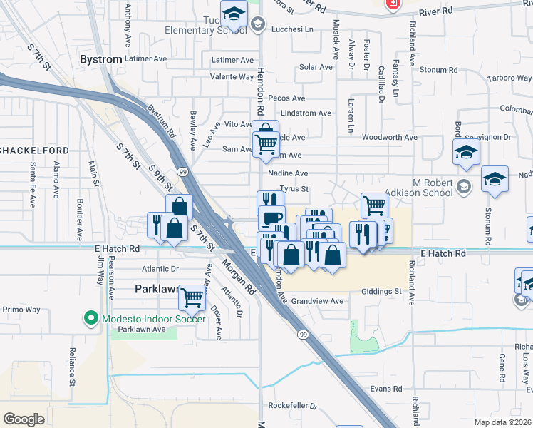 map of restaurants, bars, coffee shops, grocery stores, and more near 1305 Herndon Road in Modesto