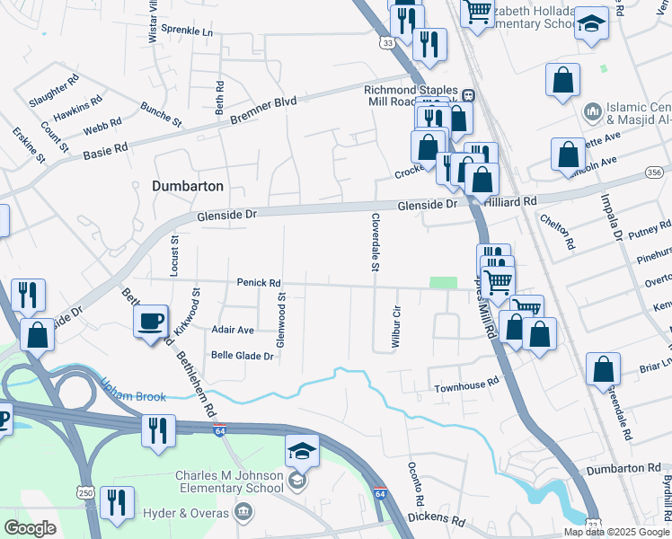 map of restaurants, bars, coffee shops, grocery stores, and more near 6805 Elmgrove Street in Richmond