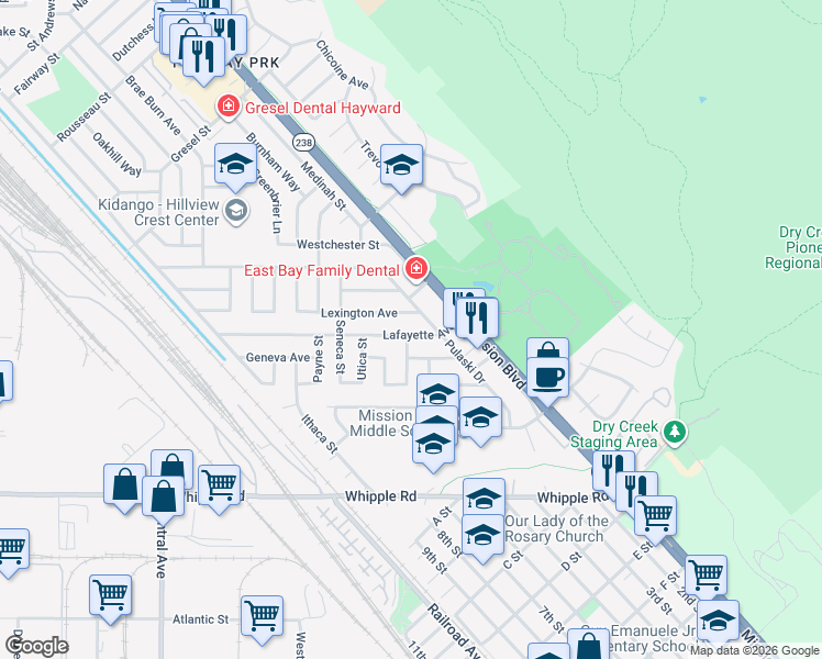 map of restaurants, bars, coffee shops, grocery stores, and more near 352 Lafayette Avenue in Hayward