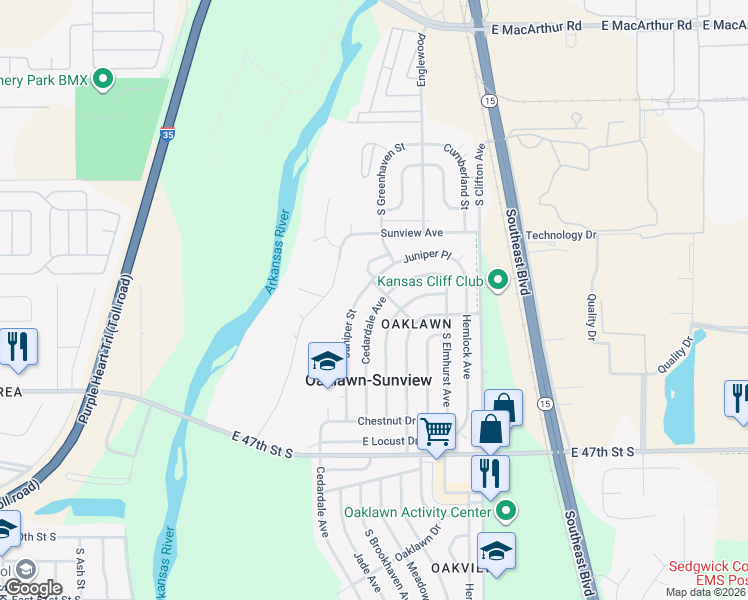 map of restaurants, bars, coffee shops, grocery stores, and more near 4511 Cedardale Avenue in Wichita