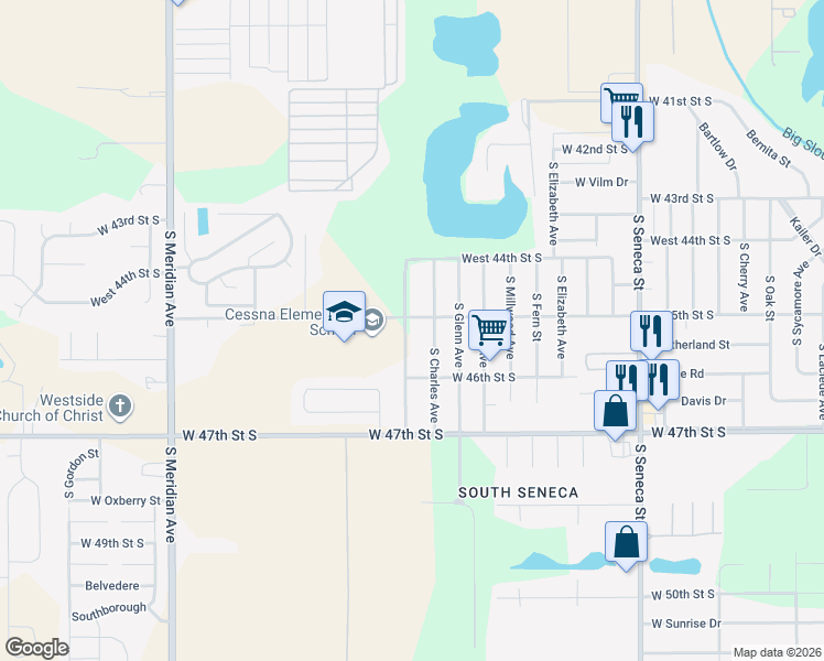 map of restaurants, bars, coffee shops, grocery stores, and more near 4615 South Charles Avenue in Wichita