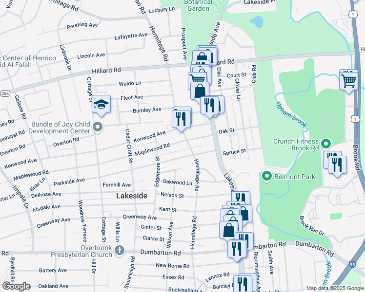 map of restaurants, bars, coffee shops, grocery stores, and more near 5906 Hermitage Road in Richmond