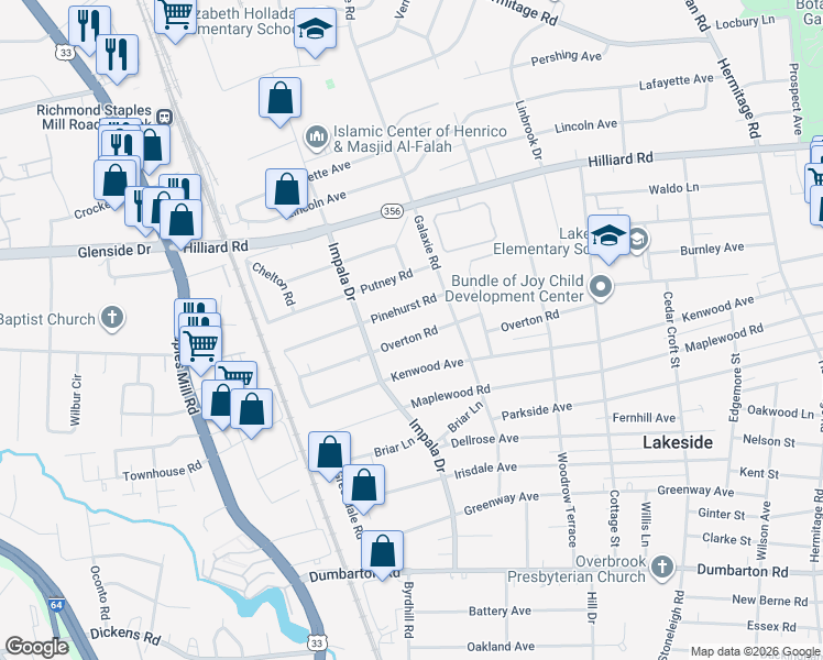 map of restaurants, bars, coffee shops, grocery stores, and more near 2910 Overton Road in Richmond