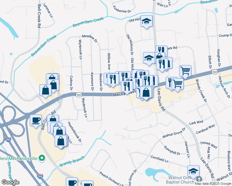 map of restaurants, bars, coffee shops, grocery stores, and more near 7137 Mechanicsville Turnpike in Mechanicsville