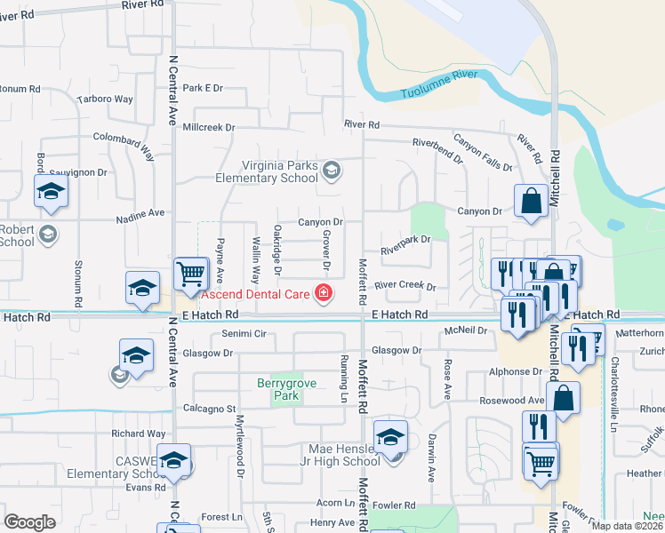 map of restaurants, bars, coffee shops, grocery stores, and more near 1312 Grover Drive in Modesto