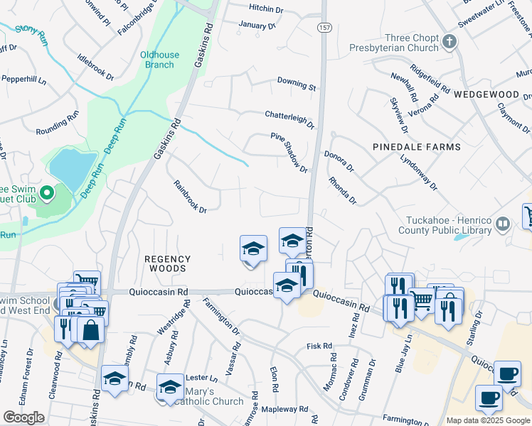map of restaurants, bars, coffee shops, grocery stores, and more near 9615 Tracy Court in Richmond