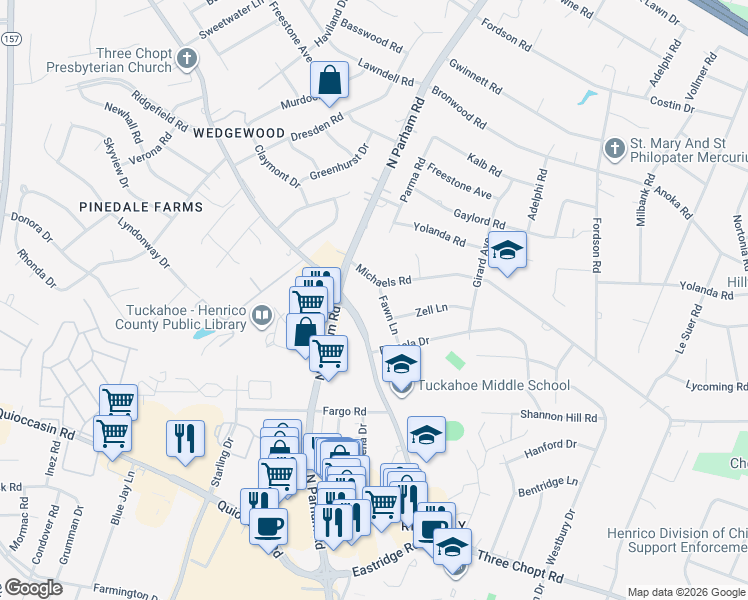 map of restaurants, bars, coffee shops, grocery stores, and more near 9012 Fawn Lane in Richmond