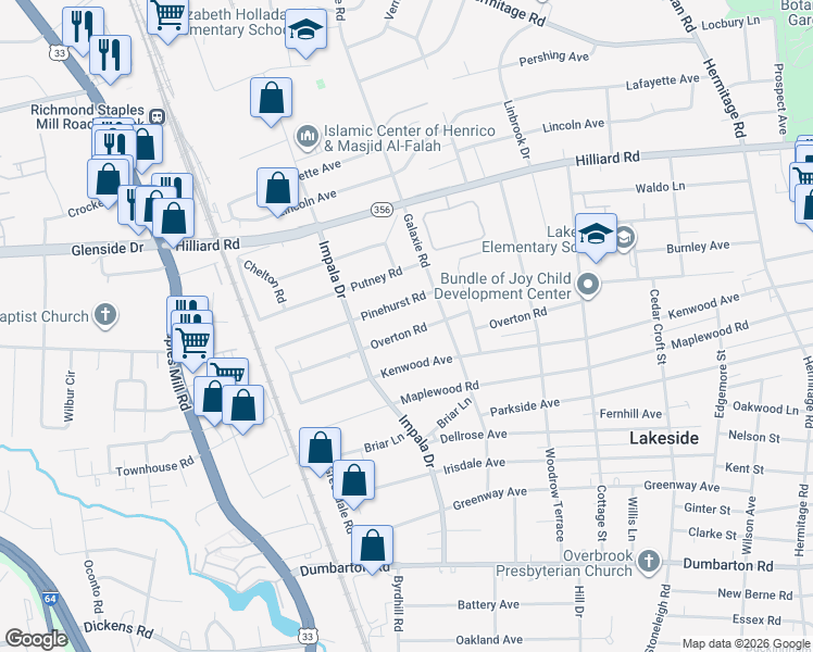 map of restaurants, bars, coffee shops, grocery stores, and more near 2910 Overton Road in Richmond