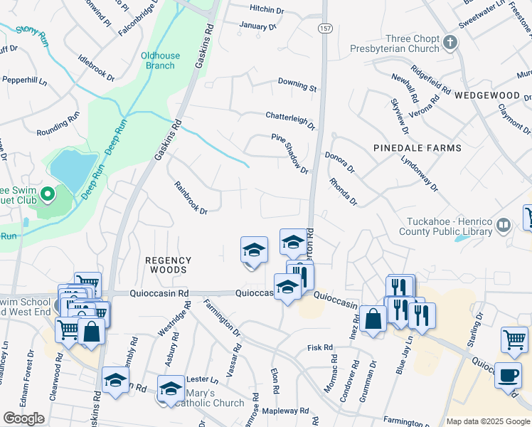 map of restaurants, bars, coffee shops, grocery stores, and more near 9615 Tracy Court in Richmond