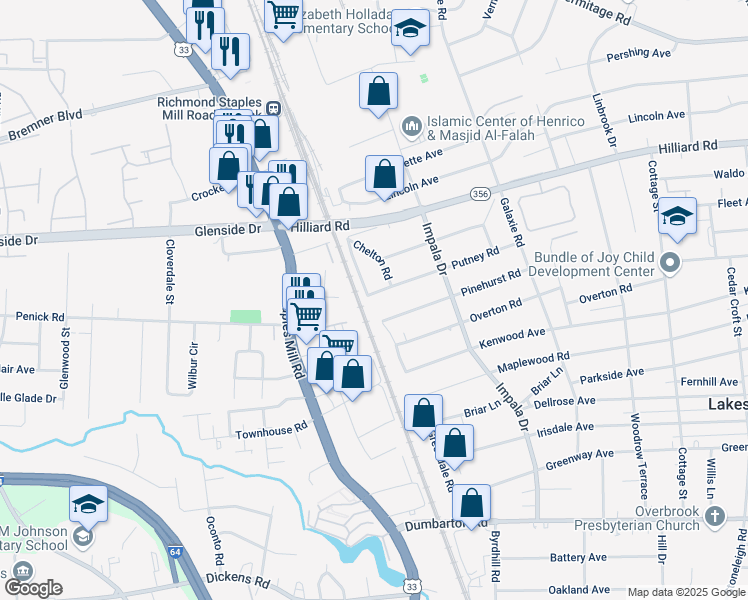 map of restaurants, bars, coffee shops, grocery stores, and more near 3109 Putney Road in Richmond