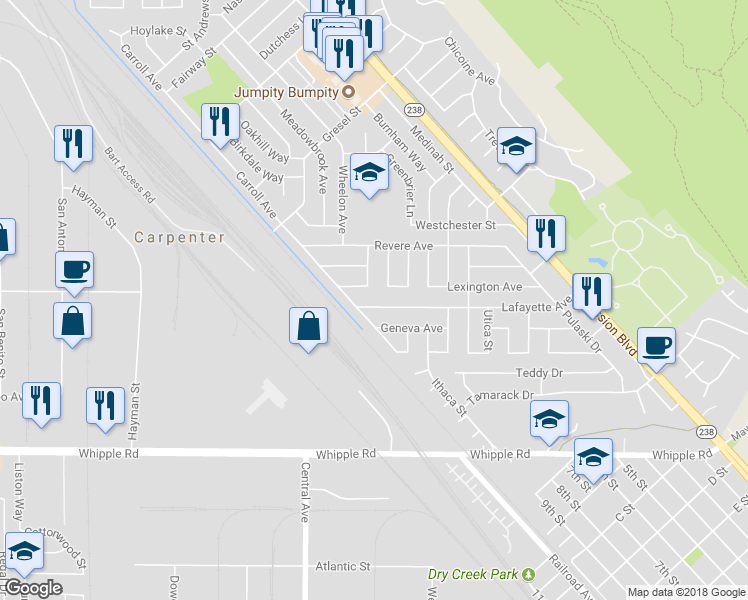 map of restaurants, bars, coffee shops, grocery stores, and more near 54 Lafayette Avenue in Hayward
