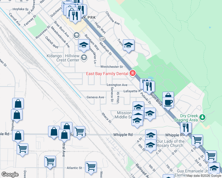 map of restaurants, bars, coffee shops, grocery stores, and more near 32207 Seneca Street in Hayward