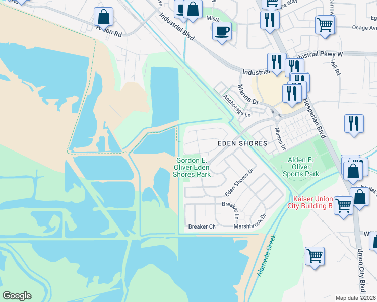 map of restaurants, bars, coffee shops, grocery stores, and more near 2845 Dune Circle in Hayward