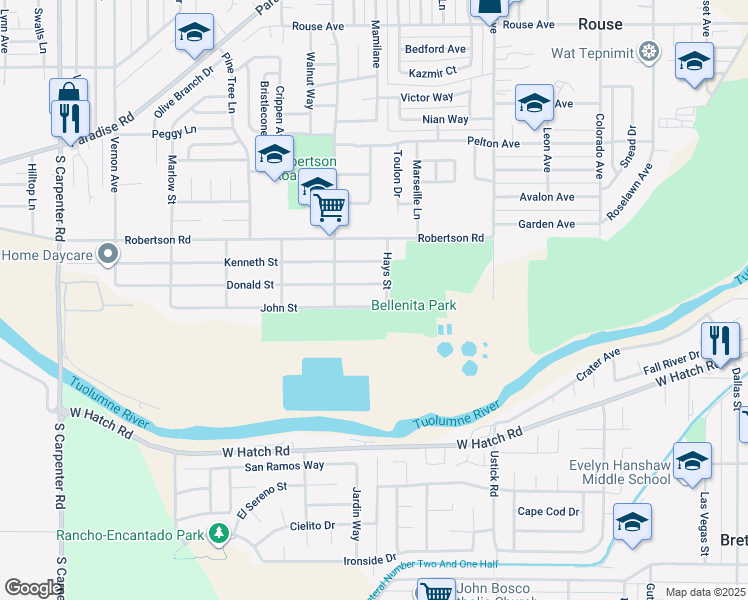 map of restaurants, bars, coffee shops, grocery stores, and more near 1709 John Street in Modesto