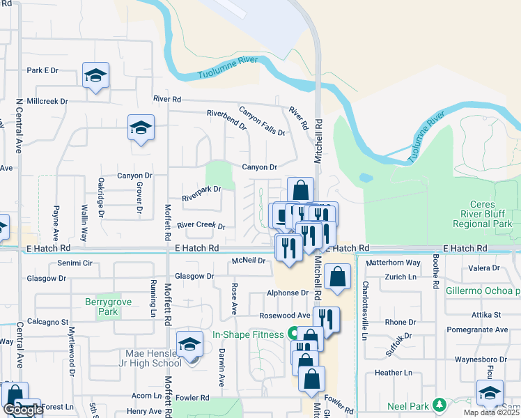 map of restaurants, bars, coffee shops, grocery stores, and more near 70 East Voyagers Cove Circle in Modesto