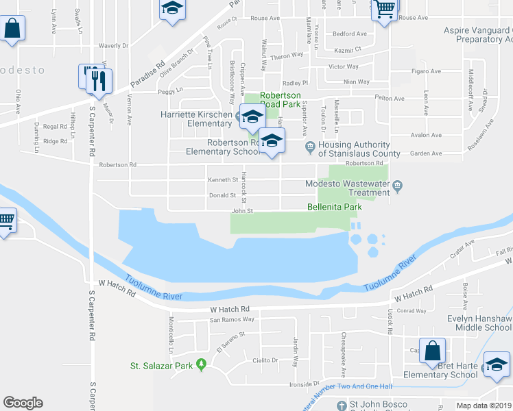 map of restaurants, bars, coffee shops, grocery stores, and more near 1821 John Street in Modesto