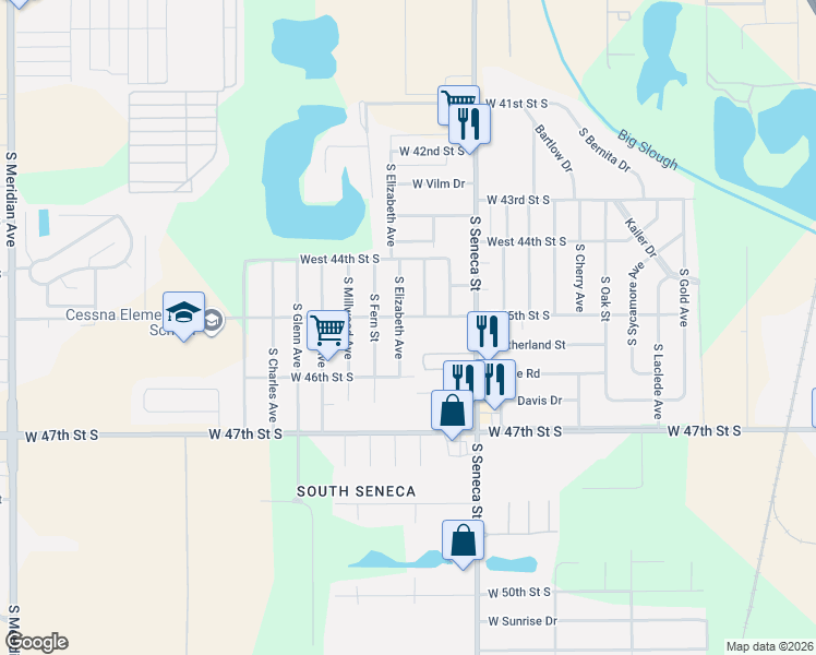 map of restaurants, bars, coffee shops, grocery stores, and more near 1313 W 45th St S in Wichita