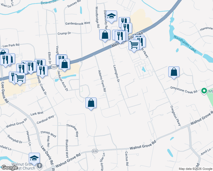 map of restaurants, bars, coffee shops, grocery stores, and more near 7412 Adams Farm Road in Mechanicsville