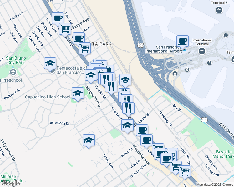map of restaurants, bars, coffee shops, grocery stores, and more near 117 San Juan Avenue in San Bruno
