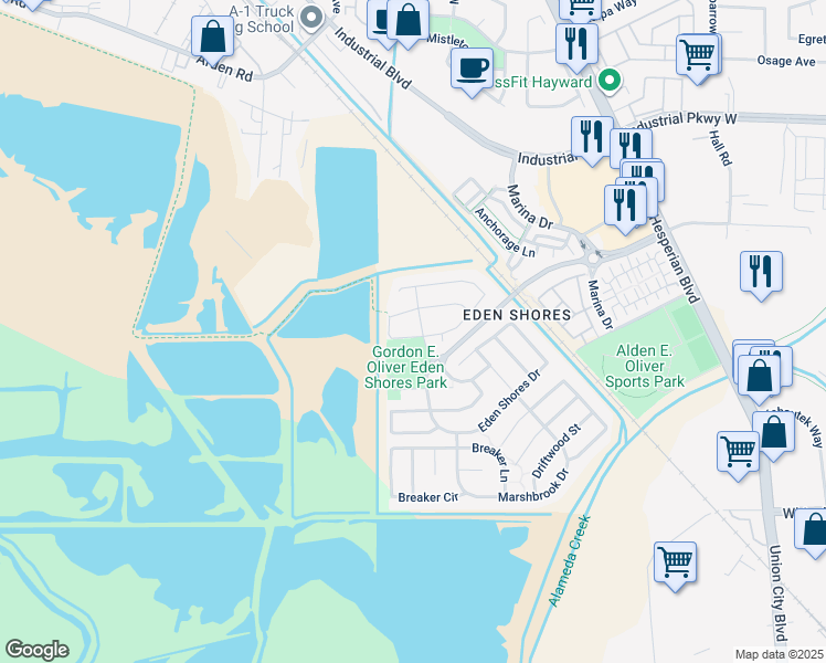 map of restaurants, bars, coffee shops, grocery stores, and more near 2863 Dune Circle in Hayward