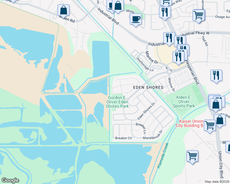 map of restaurants, bars, coffee shops, grocery stores, and more near 2845 Dune Circle in Hayward