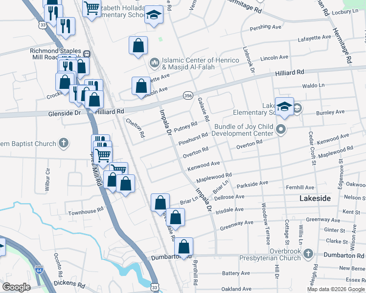 map of restaurants, bars, coffee shops, grocery stores, and more near 2923 Pinehurst Road in Richmond