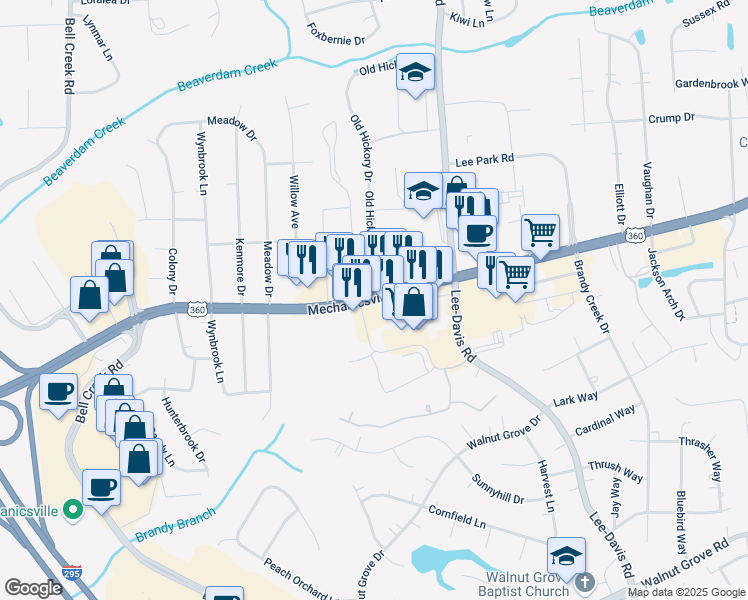 map of restaurants, bars, coffee shops, grocery stores, and more near 7095 Mechanicsville Turnpike in Mechanicsville