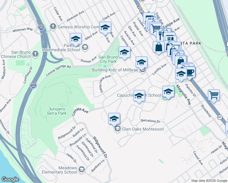 map of restaurants, bars, coffee shops, grocery stores, and more near 552 Bayview Avenue in Millbrae