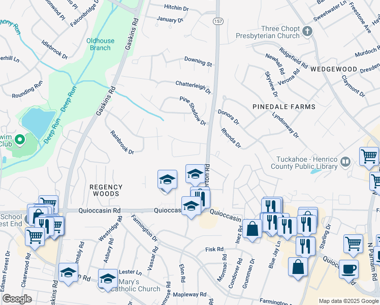 map of restaurants, bars, coffee shops, grocery stores, and more near 9607 Tracy Court in Richmond
